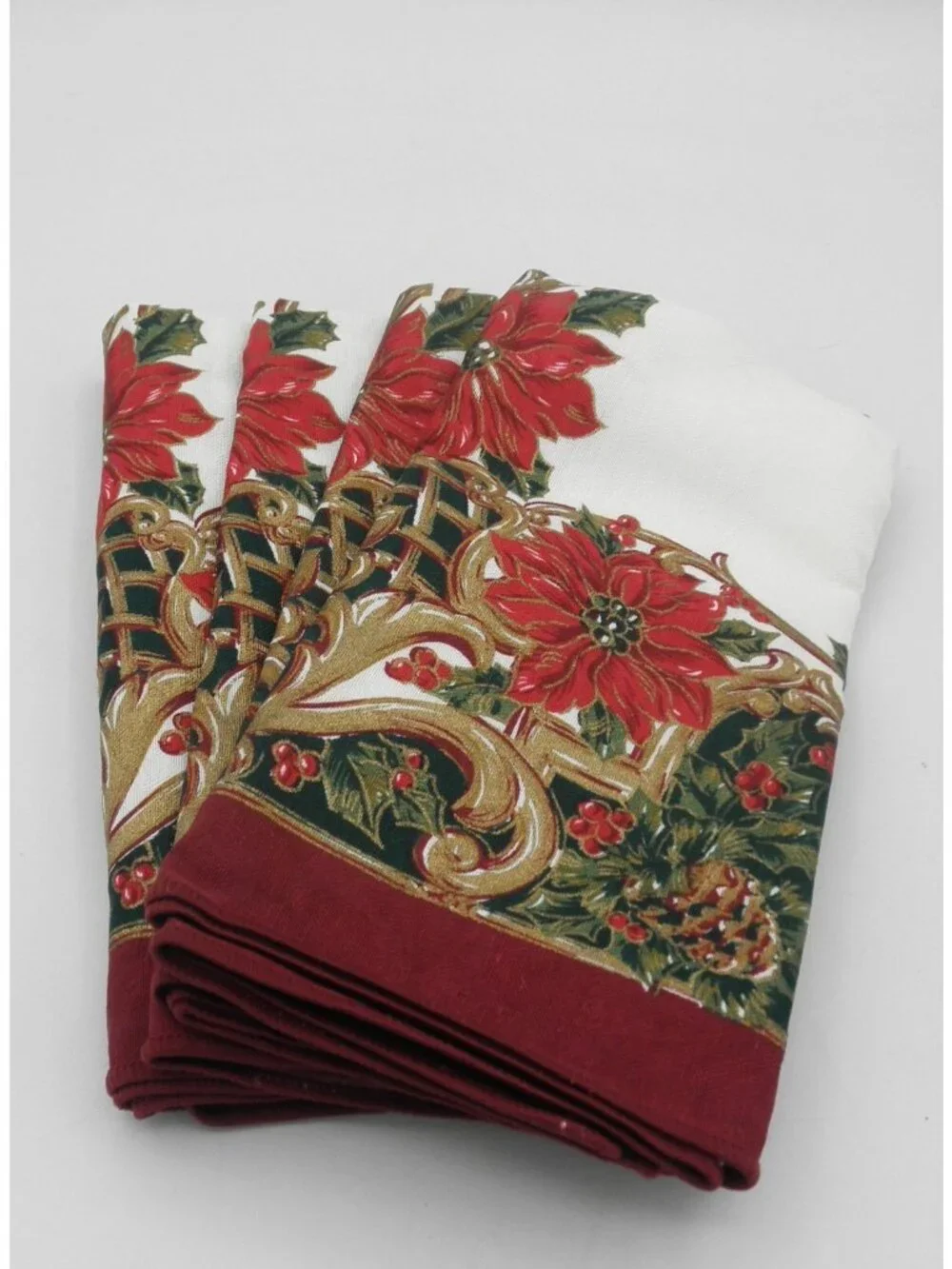 Vintage Bardwil Linens Christmas Holiday Napkins Set of 4 Poinsettia 17 x 17